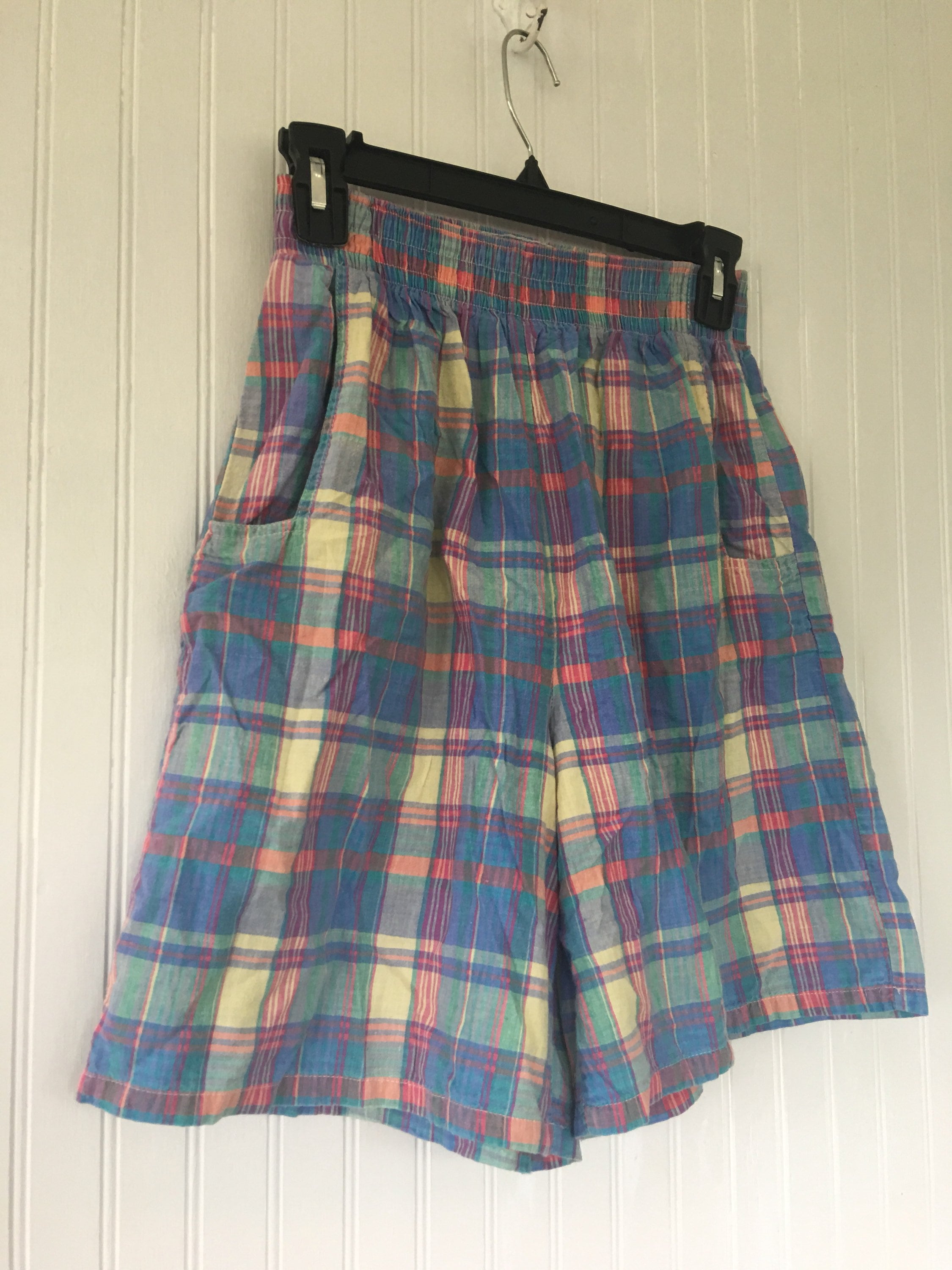 Vintage 90s XS Small Madras Plaid Long Shorts High Waist Elastic Soft ...