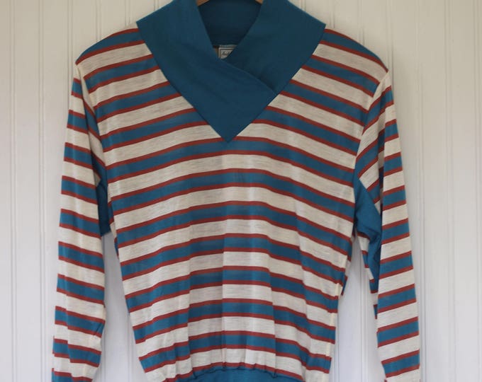 Vintage 70s 80s Ruth Horizontal Striped Long Sleeve Top / Shirt - Teal Orange  - Size Small - New With Tags from 1979 Sportswear