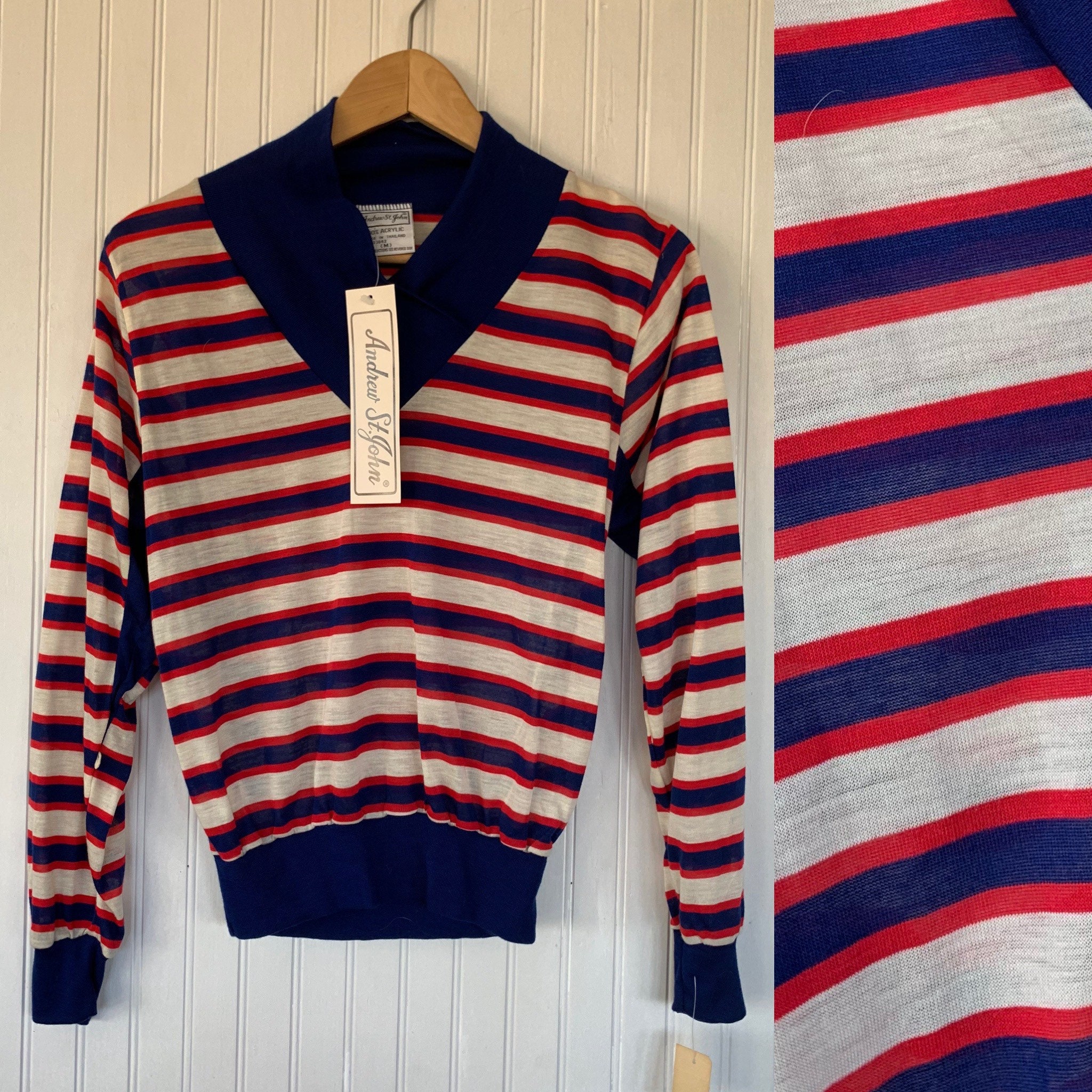 Vintage 70s 80s XS Red White Blue Horizontal Striped Long Sleeve