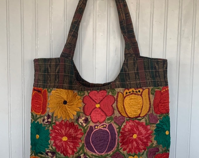 Vintage Plaid Floral Embroidered Shoulder Bag Bags Purse Fall Hippie Boho Rust Mustard Purple Red Tote Travel
