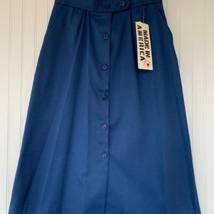 Vintage 80s Deadstock Blue Skirt Small XS Sm S 26 Waist Button Front Pockets Below Knee New Tags Below Knee High Waisted 70s