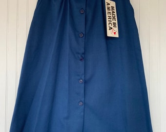 Vintage 80s Deadstock Blue Skirt Small XS Sm S 26 Waist Button Front Pockets Below Knee New Tags Below Knee High Waisted 70s