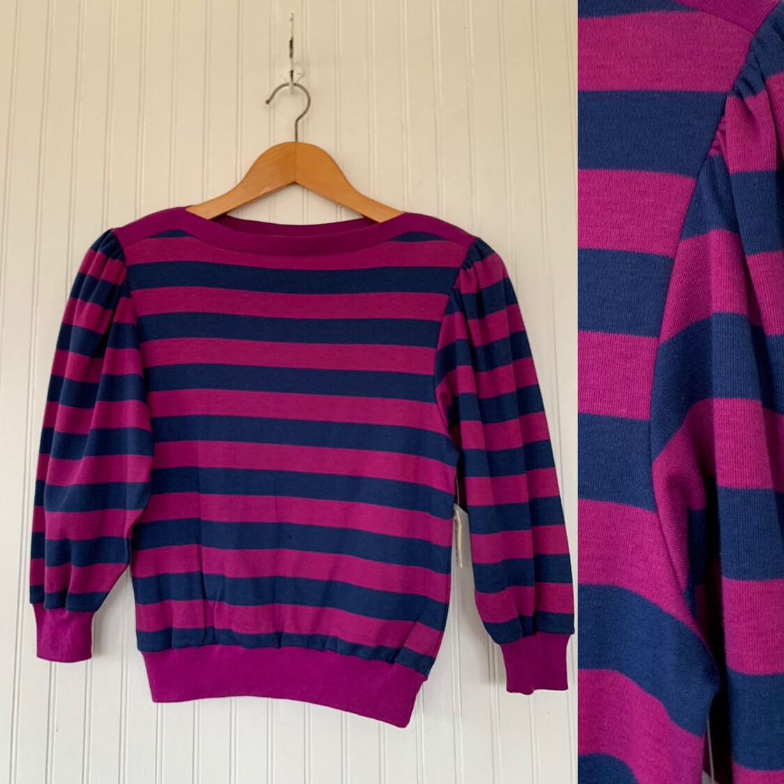 Unique Vintage 70s 80s Purple Magenta Navy Blue Striped Puff Sleeve Top ...