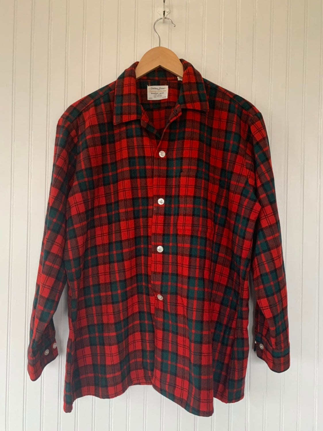 50s Vintage Holiday Wool Plaid Shirt Long Sleeve Top Red Green Black ...