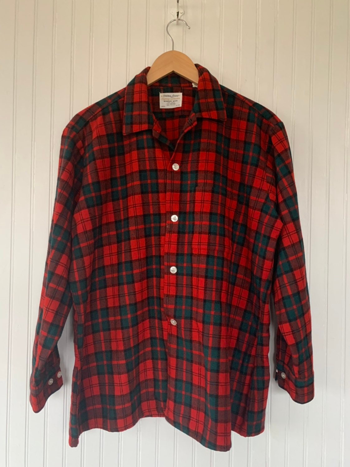 50s Vintage Holiday Wool Plaid Shirt Long Sleeve Top Red Green Black ...