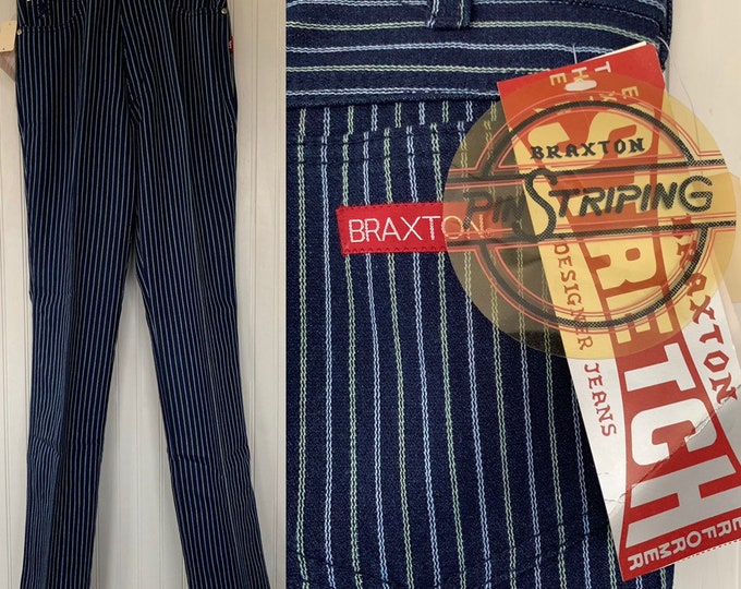 NWT Vintage 80s Deadstock Braxton Jeans High Waisted Dark Denim Blue Jeans 30 waist 12" Rise Large Size 8 9 10  Pinstripes Stretch