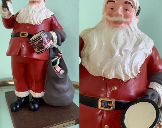 Vintage 80s Norman Rockwell Figurine Santa with Presents and Stocking Drum Kitsch Holiday Decor Americana Gifts