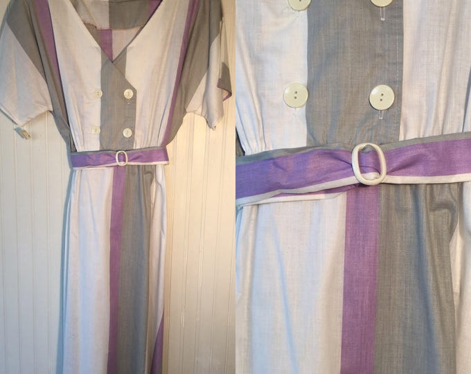 Vintage NWT 80s Plaid Dress Size M Purple Grey White Pastel Printed Short sleeve Pin Up Summer Fresees M Medium M/L Large