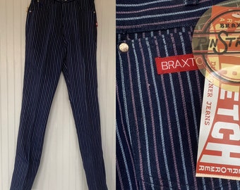 NWT Vintage 80s Deadstock Braxton Jeans High Waisted Dark Denim Blue Jeans 28 waist 12" Rise Original Tags Size 6 Pinstripes Stretch Medium