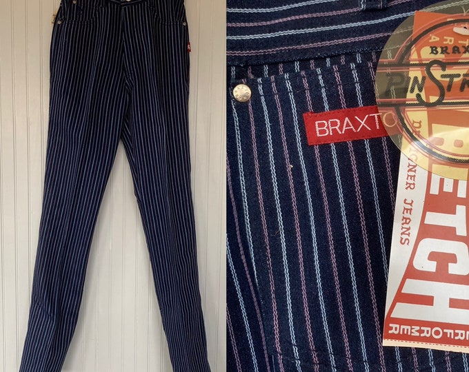 NWT Vintage 80s Deadstock Braxton Jeans High Waisted Dark Denim Blue Jeans 28 waist 12" Rise Original Tags Size 6 Pinstripes Stretch Medium