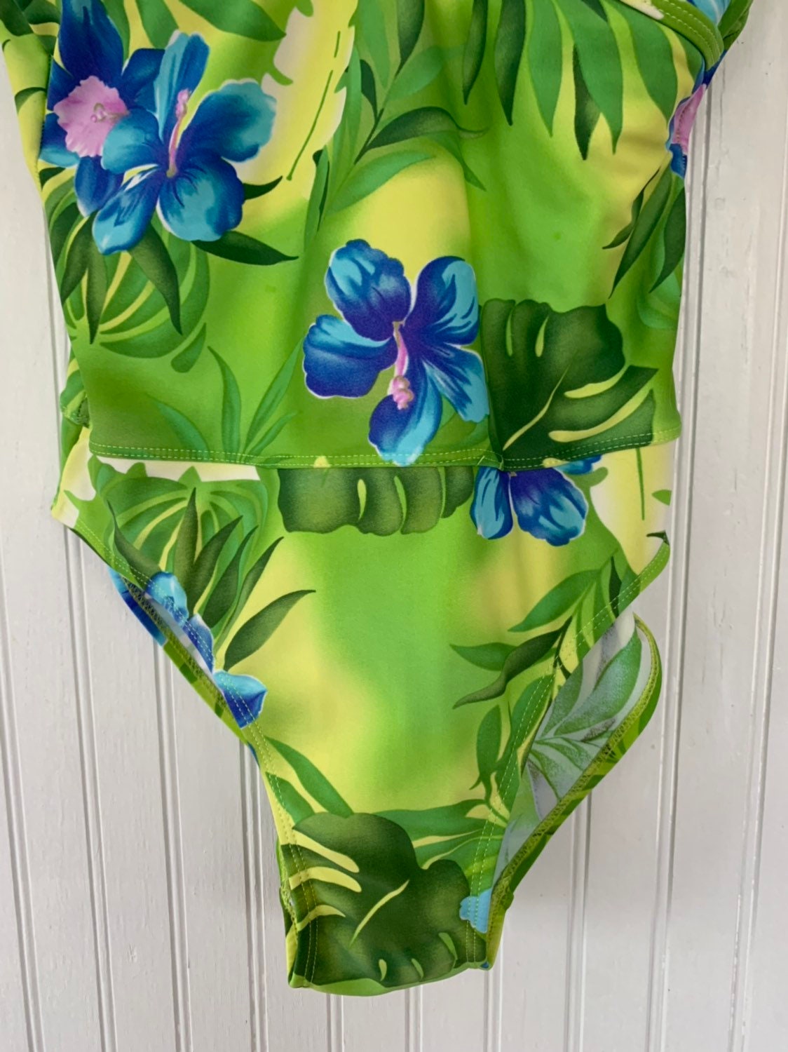 Vintage Size M 90s Bright Lime Green Blue Tropical Floral Print ...