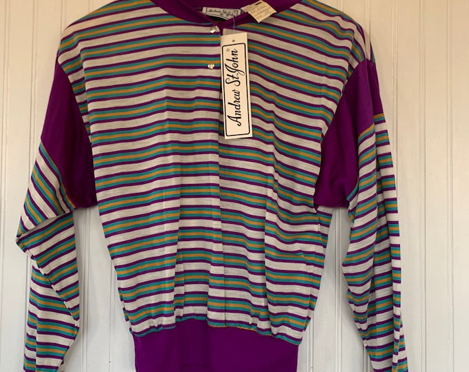 Vintage 70s 80s Medium Purple White Yellow Teal Snap up Striped Long Sleeve Top Shirt S/M Small deadstock Sportswear Comfy crew neck