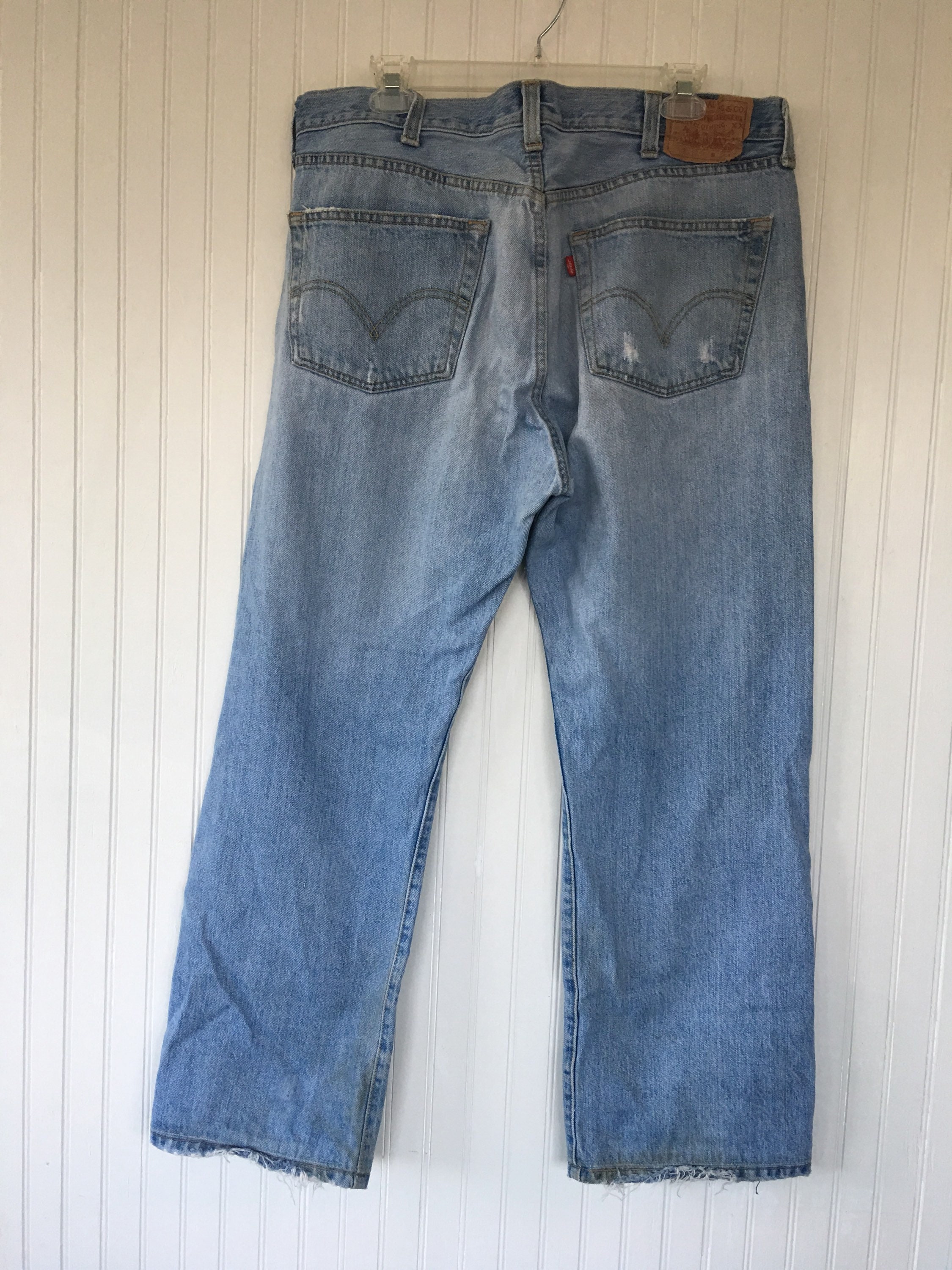 Vintage 90s Levis 501 Grunge Blue Jeans Holes Denim Nineties 38 x 29 Worn In Button Fly Levi's 38