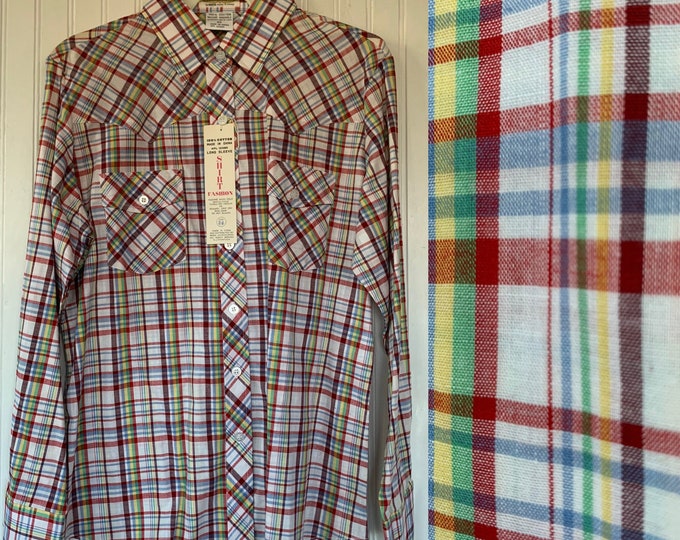NWT 80s Deadstock Vintage Plaid Long Sleeve Shirt 36 Large Colors Red Blue Yellow Green Brown Black White Button Down Western NOS Unique