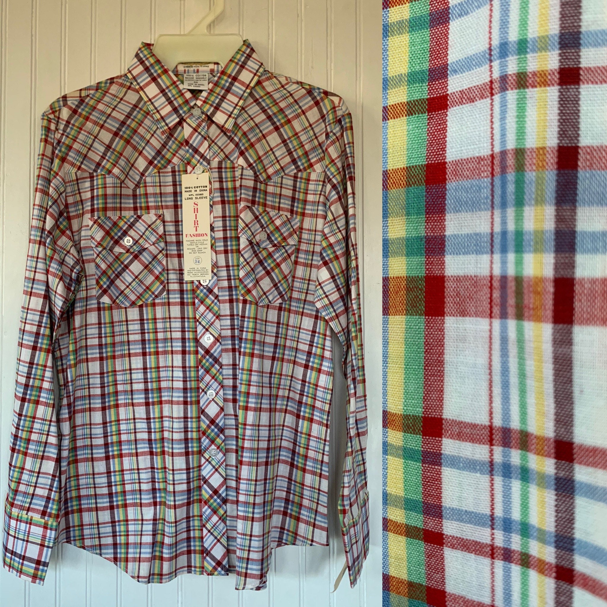 Vintage Red/White/Yellow Plaid Wrangler Shirt with Pearl Snaps