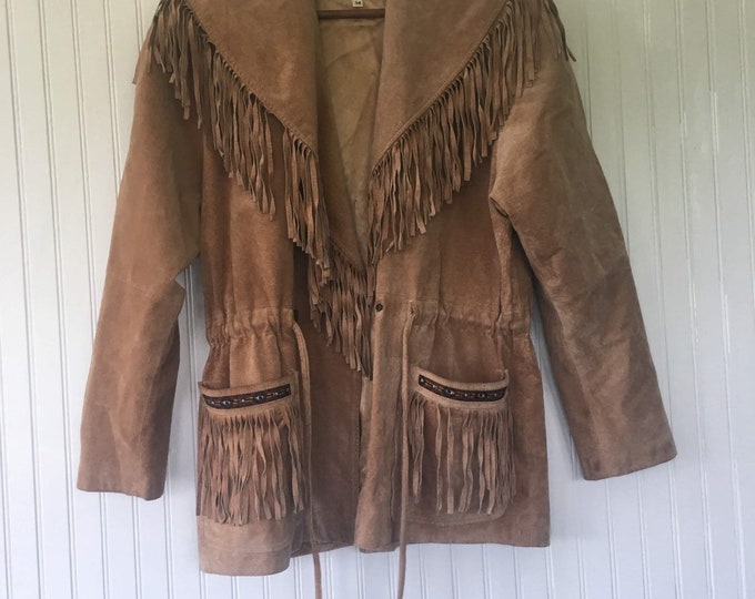 Vintage 90s Light Brown Suede Fringe Coat Large Boho Embroidered Leather Jacket L LG 14 12 Nude Nineties Coats