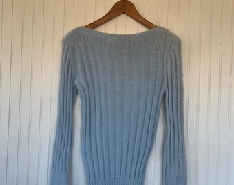 NWT Vintage 80s Light Blue Sweater Medium Long Sleeves Shirts Deadstock 70s Boho Comfy NOS soft sheer Spunky New York Pastel Small s m S/M