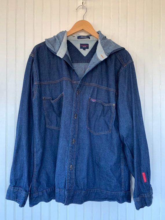Vintage 90s Tommy Jeans Button Down Denim Shirt Hooded Large
