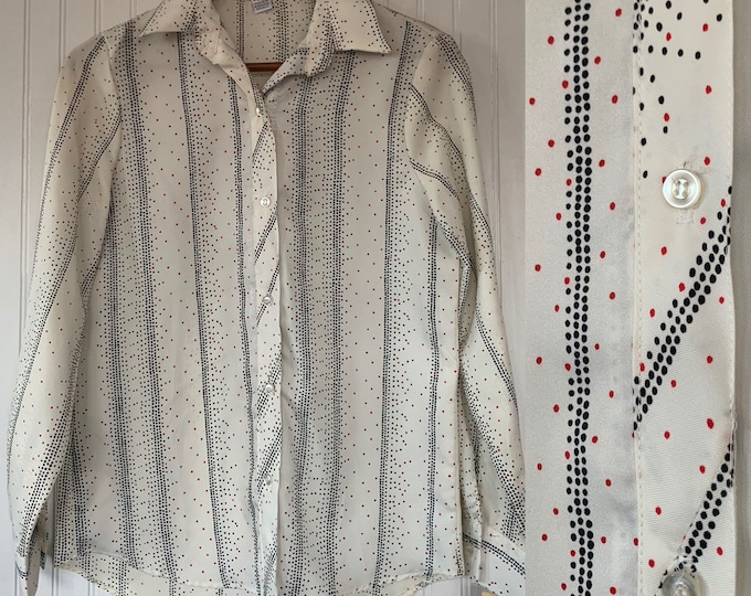 Vintage Deadstock 80s Red Black White Dots Groovy Disco Shirt Button Down Top Size Medium Small S Med Long Sleeve trippy Blouse
