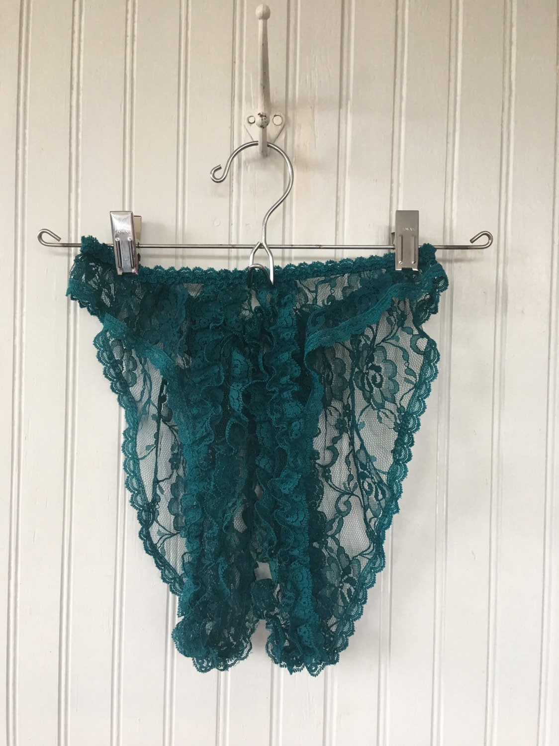 Vintage 70s Fredericks of Hollywood Crotchless Floral Lace Panties Hunter  Green Lingerie One Size OS High Rise Waisted Sexy xs s m l