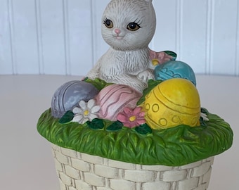 Vintage 80s Kitsch Easter Egg Bunny Ceramic Keepsake Figurine Rabbit Lefton Rainbow Miniature Boxes Basket Spring Baby Gift Decor Jewelry