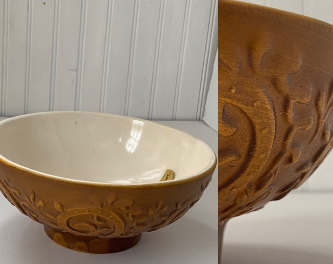 Deadstock Vintage 60s Haeger Mustard Tan Bowl Planter Scroll Floral Home Decor Wedding Gift Vases Mod Mid Century Indoor Plant Serving Dish