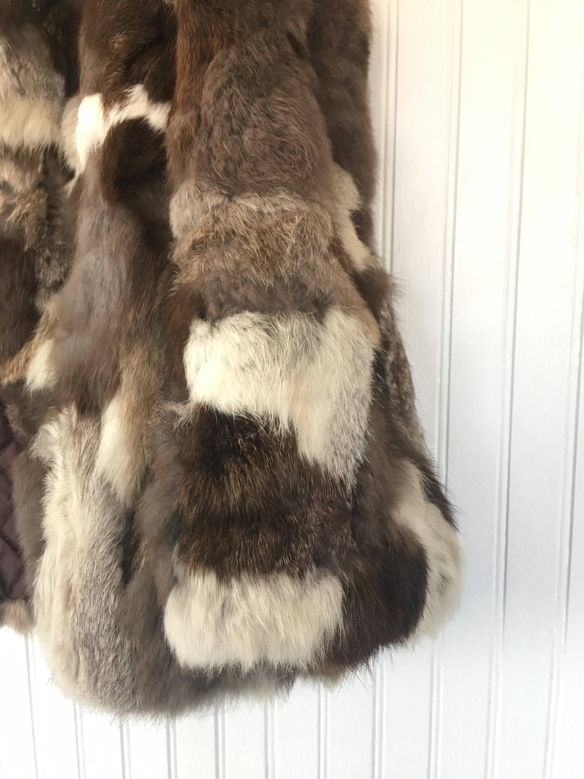 70s Vintage S Rabbit Fur Coat Gorgeous Brown White Grey Patchwork Boho ...