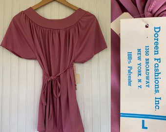 Vintage Deadstock 70s Large Rose Pink Peasant Top nos Tops Med Medium M/L Short Sleeves 38 Boho Blouse Tie Belt 80s Pastel Mauve Summer