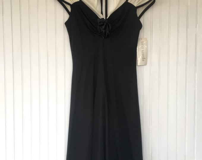 Vintage NWT 80s Black Ivory Prom Party Dress Rose Sheer Shoulders Back Formals XS Small S 0 1 2 Vicky Vaughn Deadstock 1979 Goth Wedding