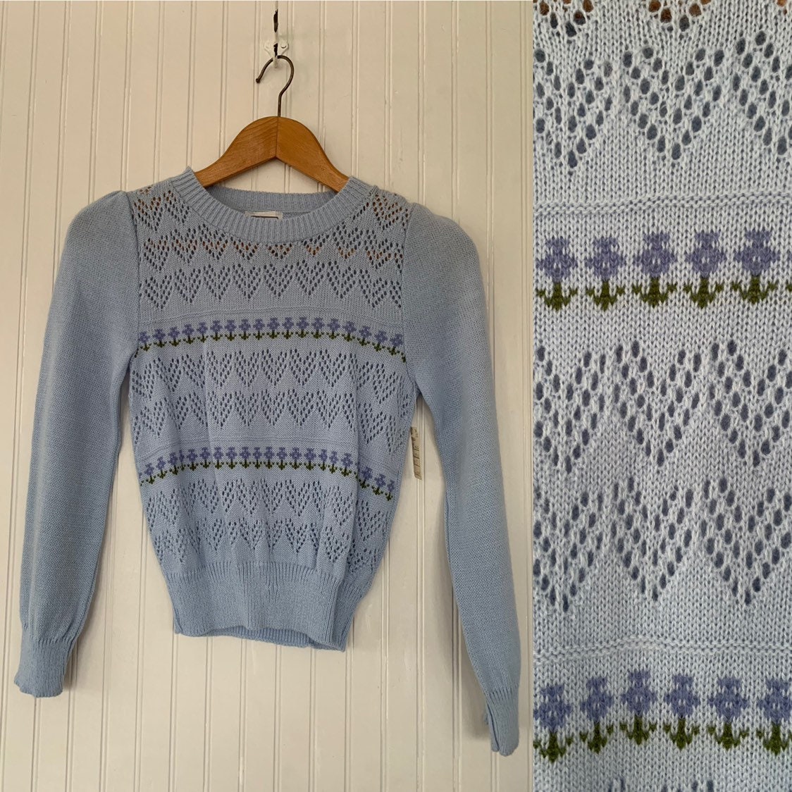 NWT Vintage 80s Baby Blue Pastel Floral Knit Sweater Small Medium Med SM Small Long Sleeves Shirts Deadstock 70s Flowers Boho Unique NOS