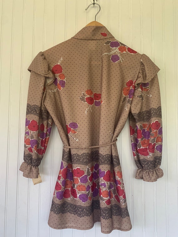 Vintage 70s Small Beige Brown Puff Sleeve Floral … - image 3