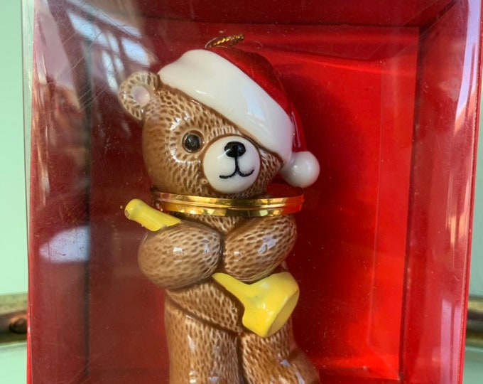 Vintage 80s Ebeling and Reuss Teddy Bear Horn Ornament First Christmas 1985 New in Box Kitsch Holiday Ornaments Gifts Japan