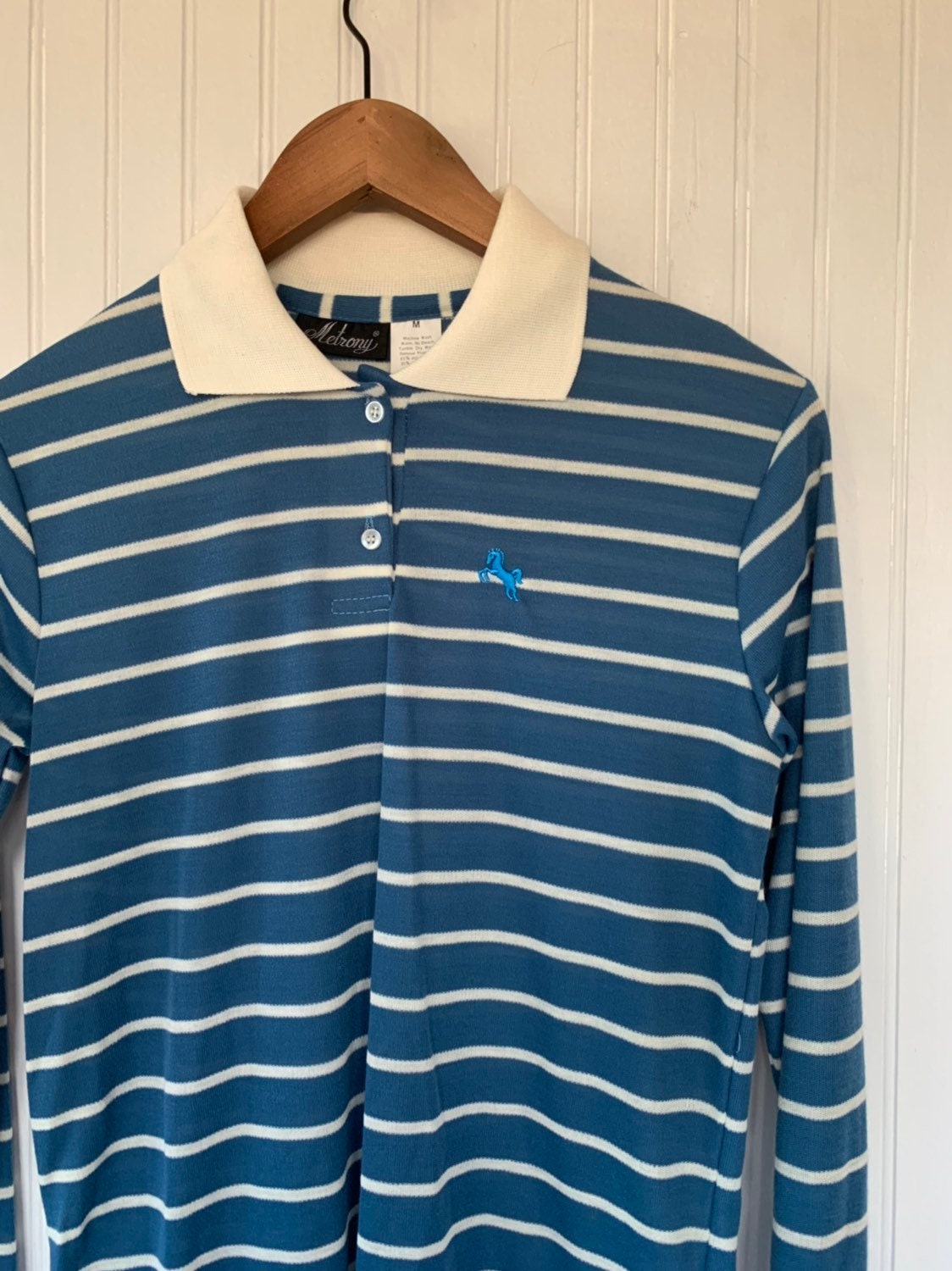 NWT 80s Vintage Blue White Striped Long Sleeve Polo Shirt Size Medium ...