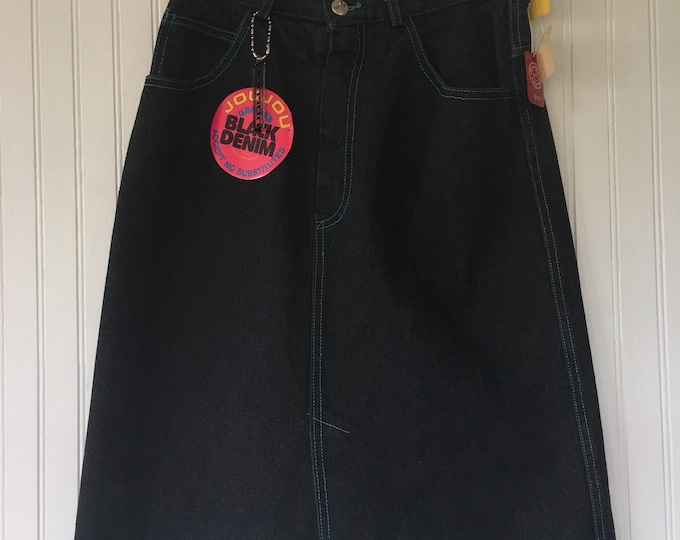 NWT Vintage 80s Deadstock High Waisted Black Denim Blue Jeans Skirt Jou Jou 26 Turquoise Embroidery Knee Length 25 Original Tag Xs Small