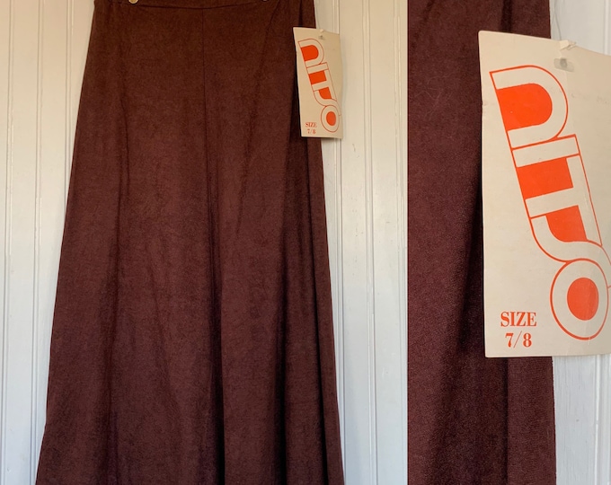 Vintage Deadstock 80s XS Skirt Brown High Waist Below Knee Elastic Waist 24 25 26 Small Boho 70s NOS NITO Microsuede Faux Suede