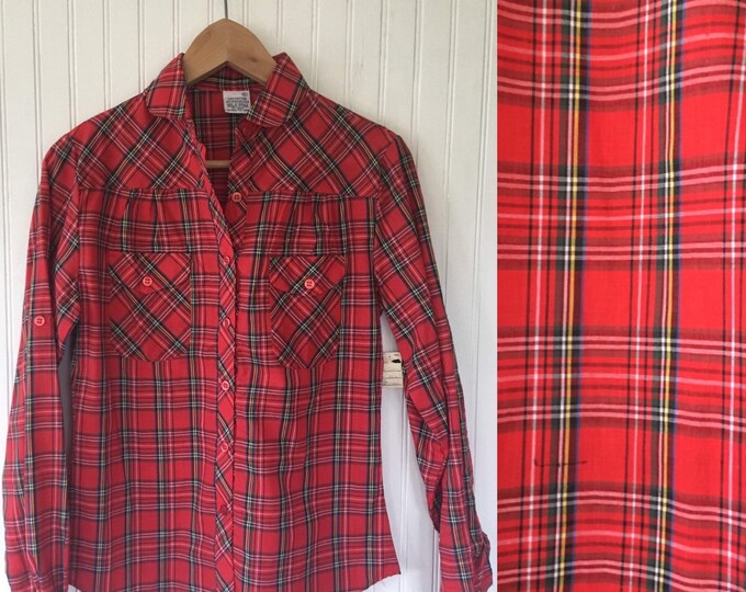 NWT 80s Vintage Plaid Long Sleeve Top Size Small Red White Green Black Blue Yellow Button Down Shirt Small S Deadstock Western Christmas
