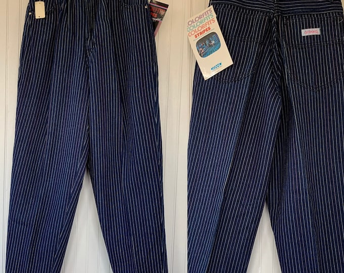 NWT Vintage 80s Deadstock Gitano Rainbow Pinstripe Jeans High Waisted Dark Denim Blue Jeans 27 waist 14" Rise NOS Size 4 6 Small S/M Medium