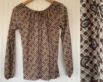 NWT 70s Vintage Small Paisley Top Shirt peasant top white brown blue polyester Boho Deadstock S XS Sm S/M NOS