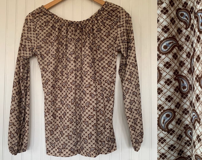 NWT 70s Vintage Small Paisley Top Shirt peasant top white brown blue polyester Boho Deadstock S XS Sm S/M NOS