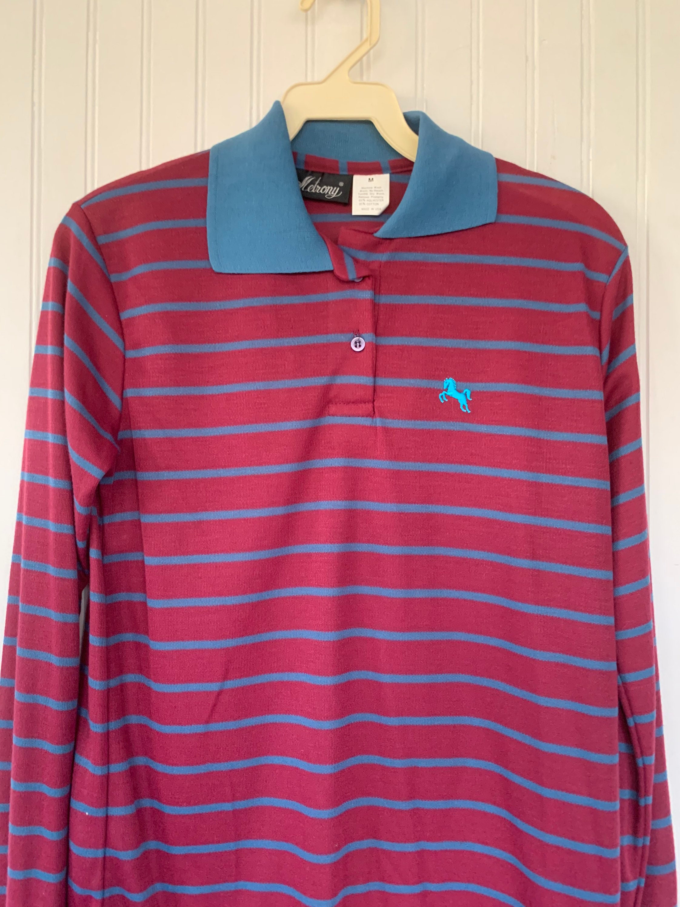 NWT 80s Vintage Maroon Dark Red Blue Striped Long Sleeve Polo Shirt ...