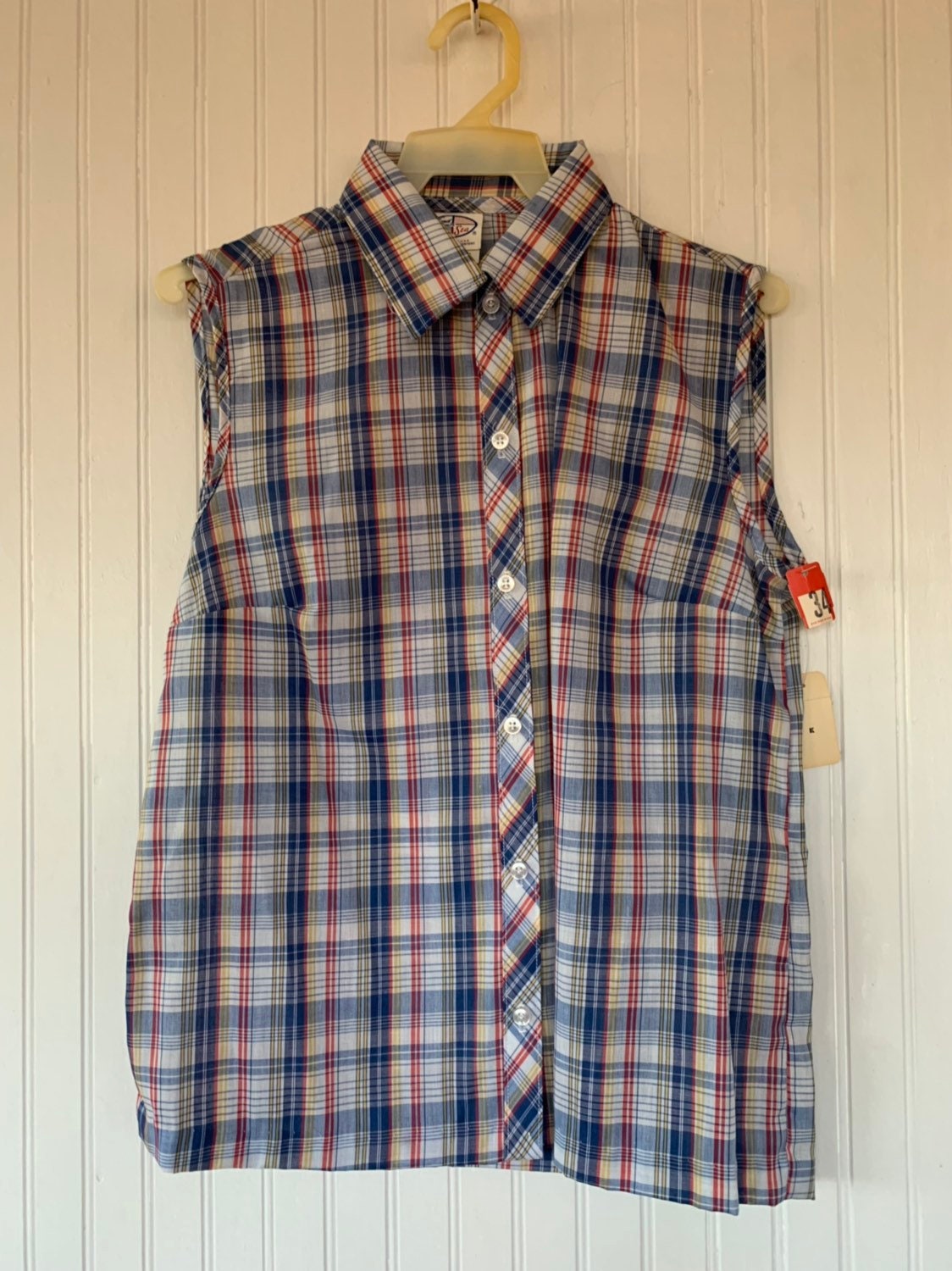 NWT 80s Vintage Plaid Sleeveless Top Size Small Blue Red White Yellow ...