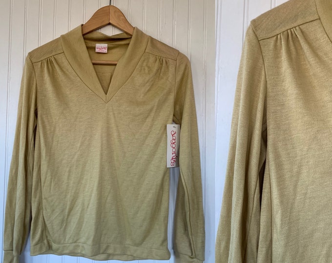 Vintage Beige V Neck Pullover Long Sleeve Small Deadstock 70s nos Fall Boho Tops Ruched Puff Sleeves S XS Xs/S 32 Nude Brown