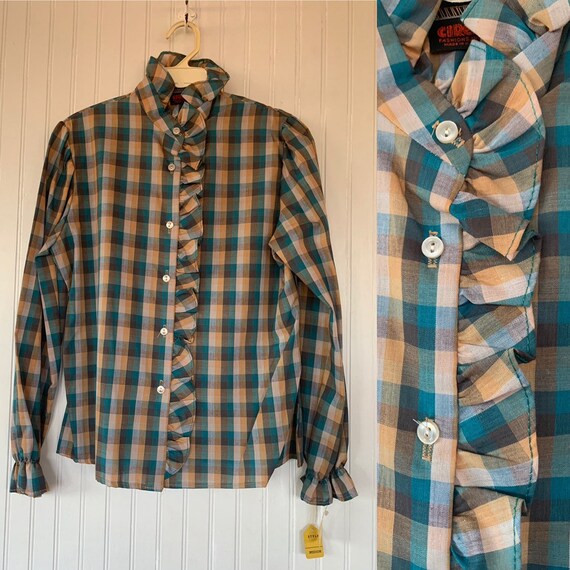 NWT Vintage Plaid Puff Sleeve Shirt Top Turquoise… - image 1