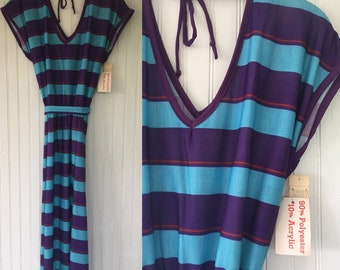 NWT Vintage Donna Stripe V Neck Dress - Blue, Purple, Turquoise, Red - Size XS Small S- Deadstock 1979 Ringer Tee Striped