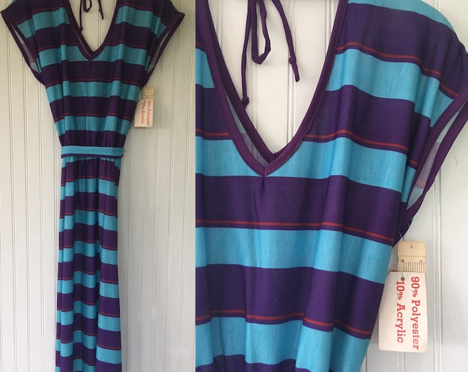 NWT Vintage Donna Stripe V Neck Dress - Blue, Purple, Turquoise, Red - Size XS Small S- Deadstock 1979 Ringer Tee Striped