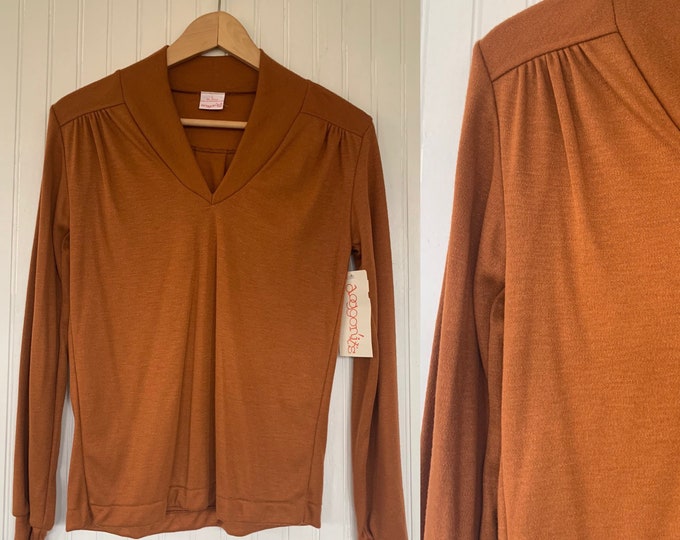 NWT Vintage 80s Rust V Neck Pullover Long Sleeve Medium large M/L Deadstock 70s nos Fall Boho Tops Med Orange Ruched Puff Sleeves M L