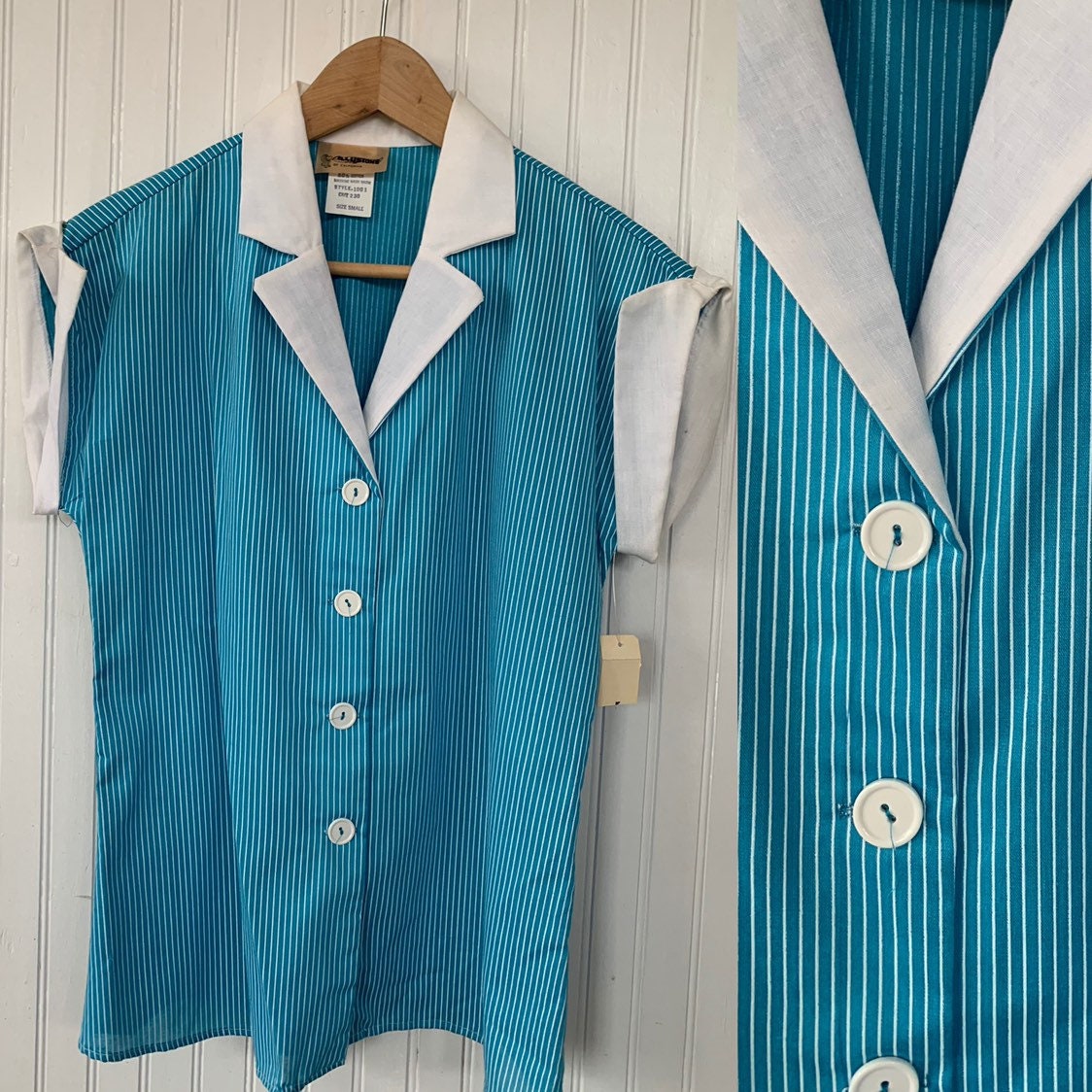 NWT 80s Vintage Turquoise Blue White Striped Sleeveless Top Size Small ...