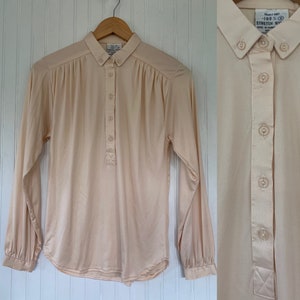 Deadstock Vintage Small Nylon Ivory Disco Blouse Shirt Button Down Top Size Off White Stretch NWT 70s 80s S XS/S shiny Ruched Shoulders