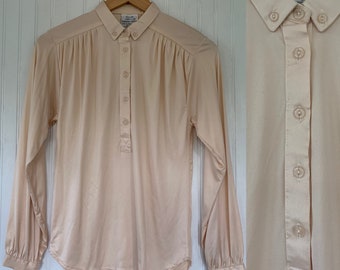 Deadstock Vintage Small Nylon Ivory Disco Blouse Shirt Button Down Top Size Off White Stretch NWT 70s 80s S XS/S shiny Ruched Shoulders