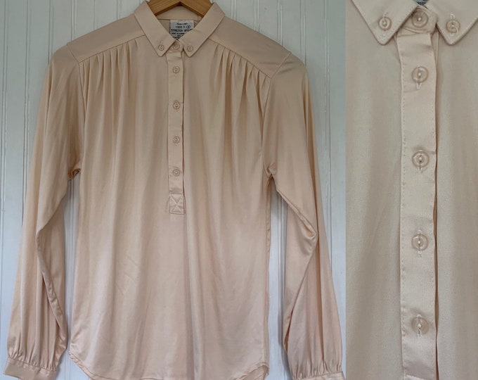 Deadstock Vintage Small Nylon Ivory Disco Blouse Shirt Button Down Top Size Off White Stretch NWT 70s 80s S XS/S shiny Ruched Shoulders